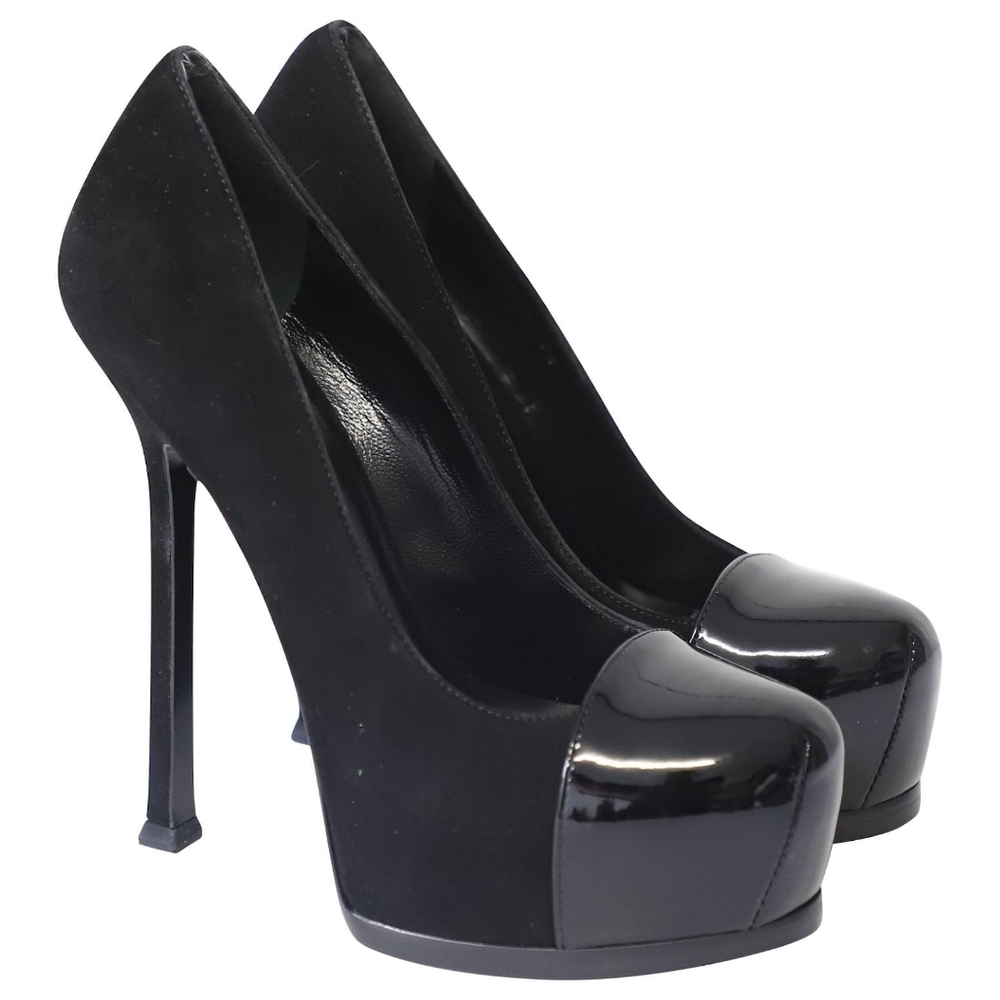 YSL Yves Saint Laurent Tribtoo 105 Black Suede Patent Cap Toe Platform P…